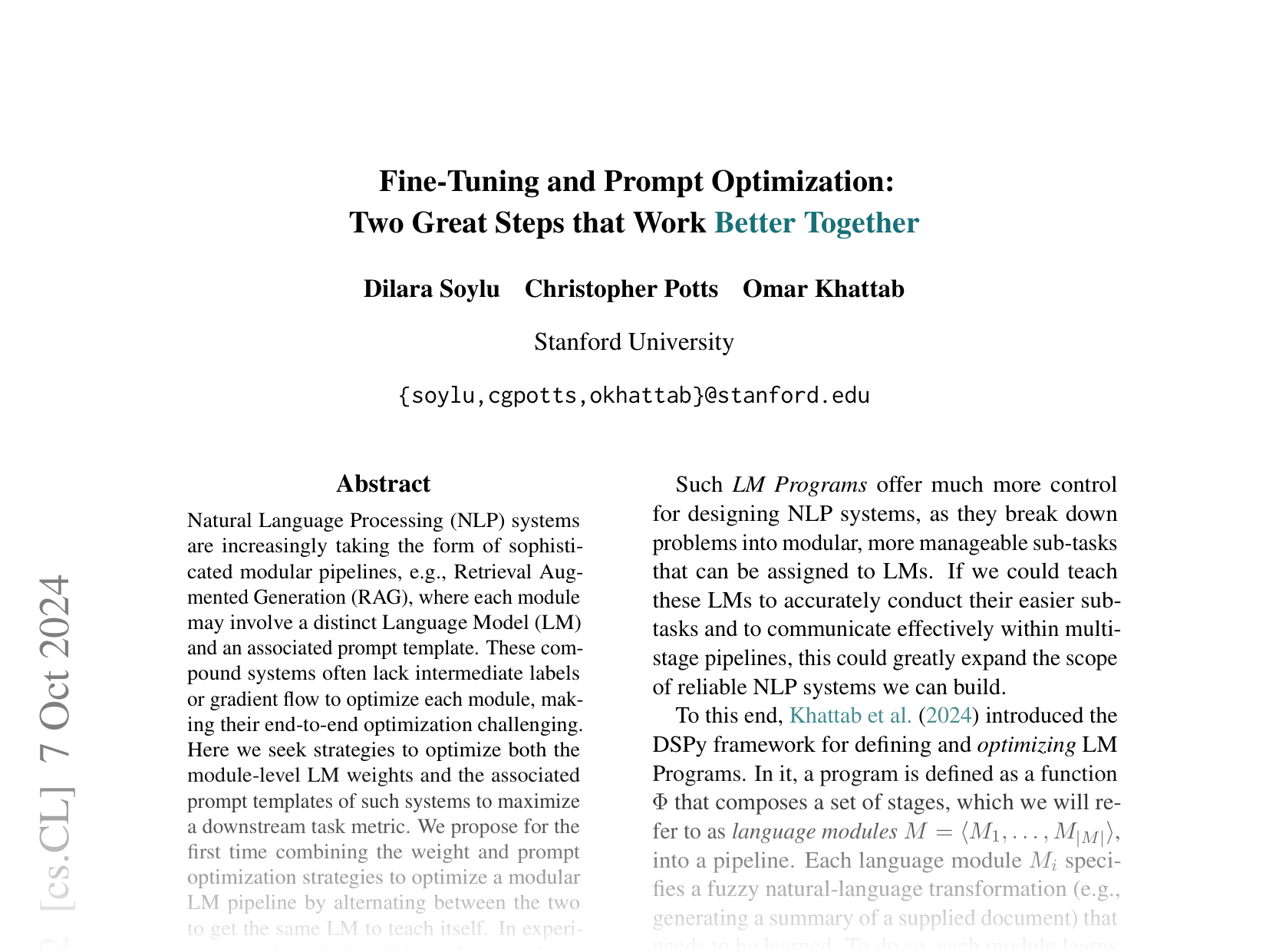 [Fine-Tuning and Prompt Optimization: Two Great Steps that Work Better Together 🔗](https://arxiv.org/abs/2407.10930)
