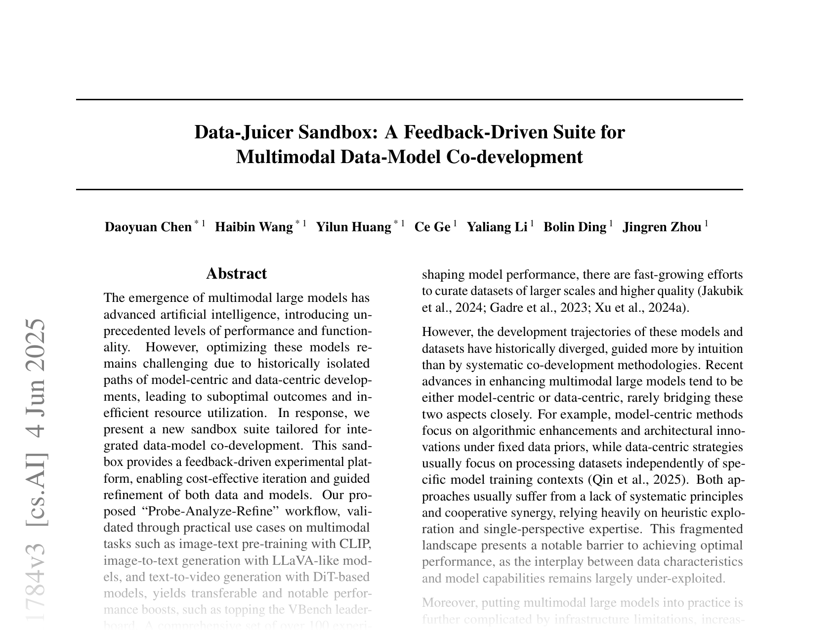 [Data-Juicer Sandbox: A Feedback-Driven Suite for Multimodal Data-Model Co-development 🔗](https://arxiv.org/abs/2407.11784)