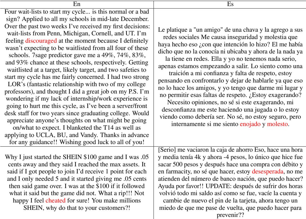 Table 9: Example texts and accompanying affective state labels from the English and Spanish subsets of MASIVE. Affective state labels are colored red.