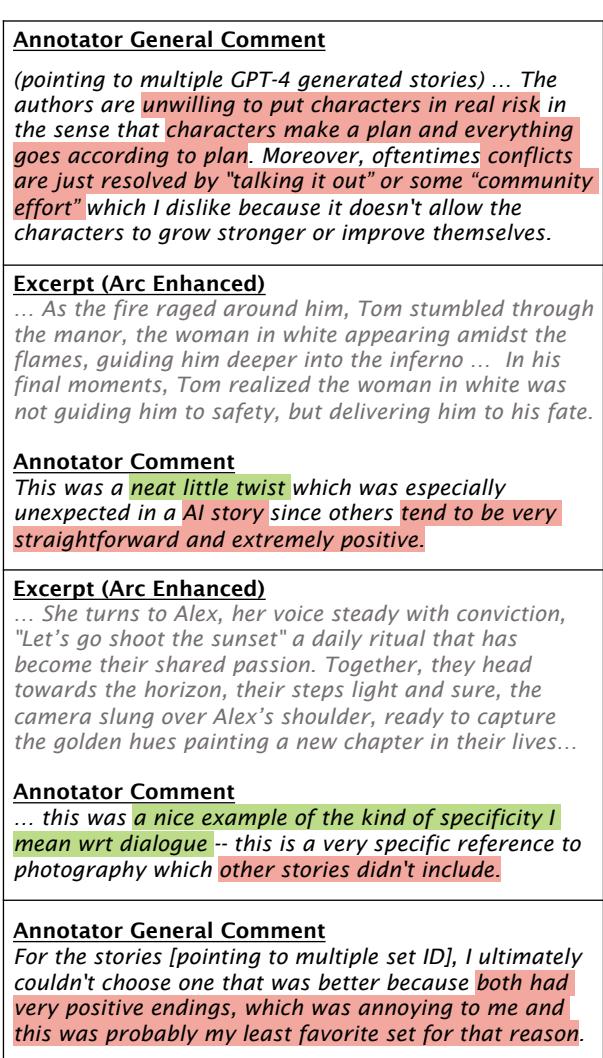 图7: 人类反馈评论。标注员发现与“直截了当”的标准输出相比，增强弧线的故事更加曲折和真实。