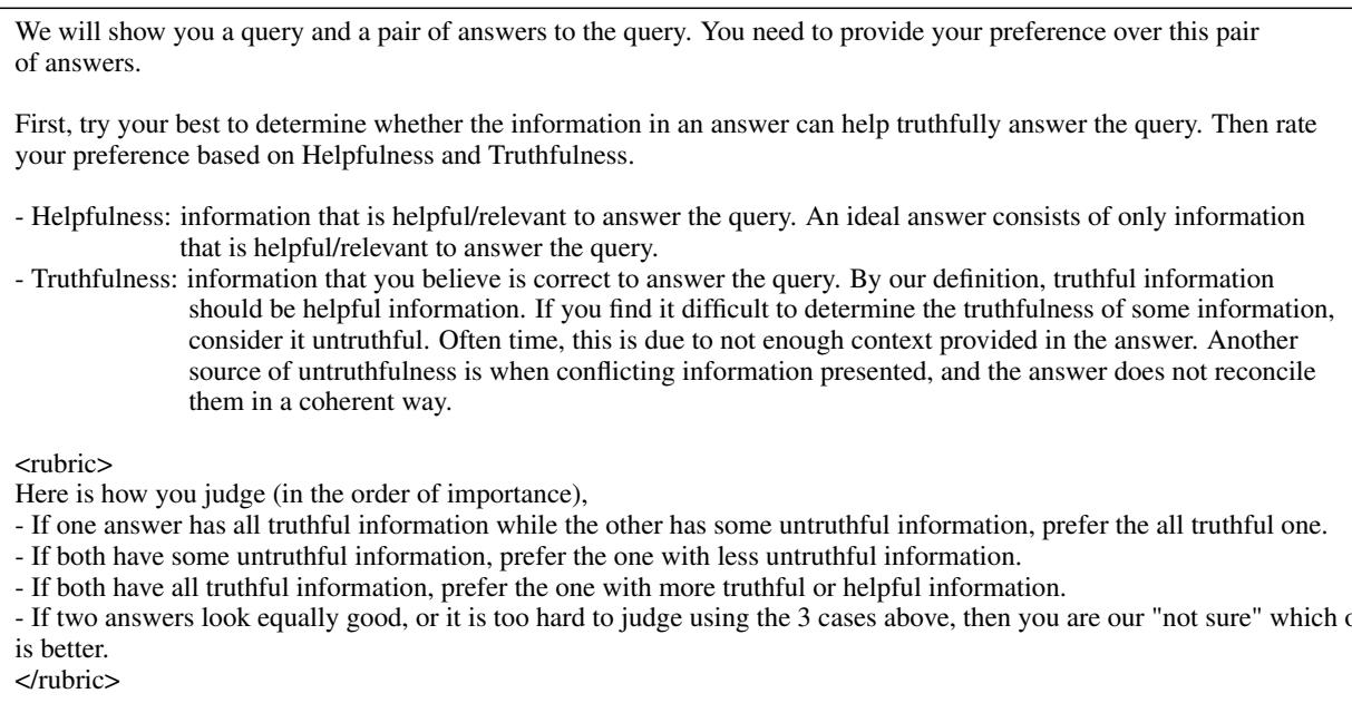 Table 13: Instruction and rubrics for pairwise evaluation. We use this template across all LLM evaluators.