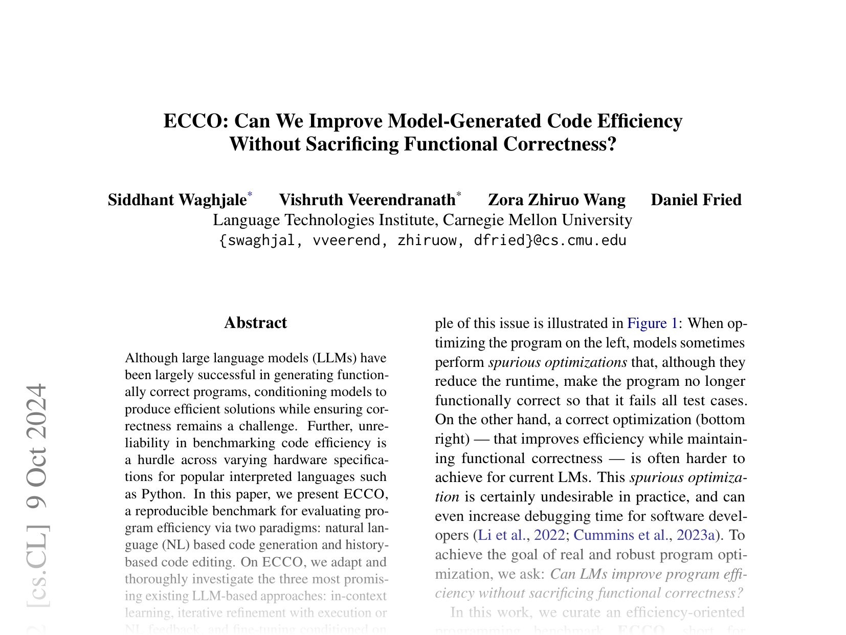 [ECCO: Can We Improve Model-Generated Code Efficiency Without Sacrificing Functional Correctness? 🔗](https://arxiv.org/abs/2407.14044)
