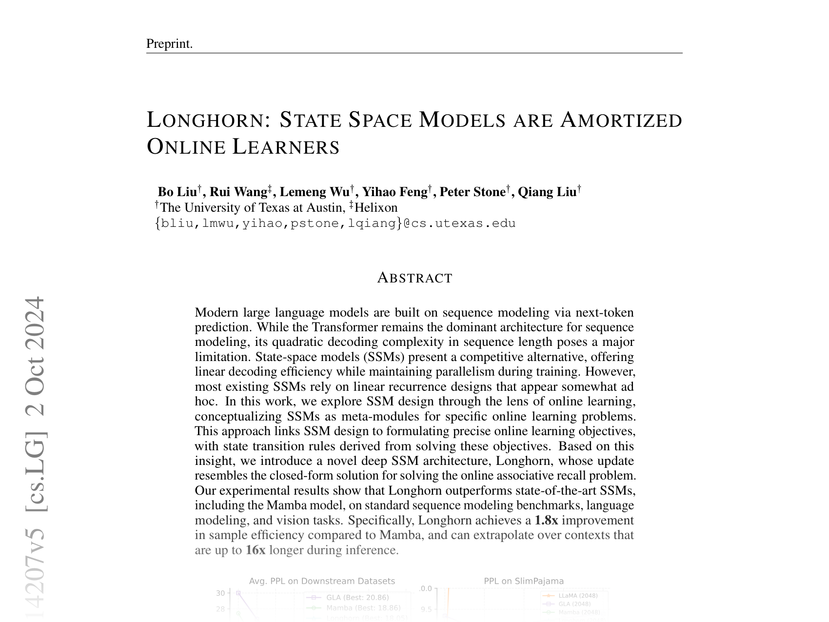 [LONGHORN: STATE SPACE MODELS ARE AMORTIZED ONLINE LEARNERS 🔗](https://arxiv.org/abs/2407.14207)