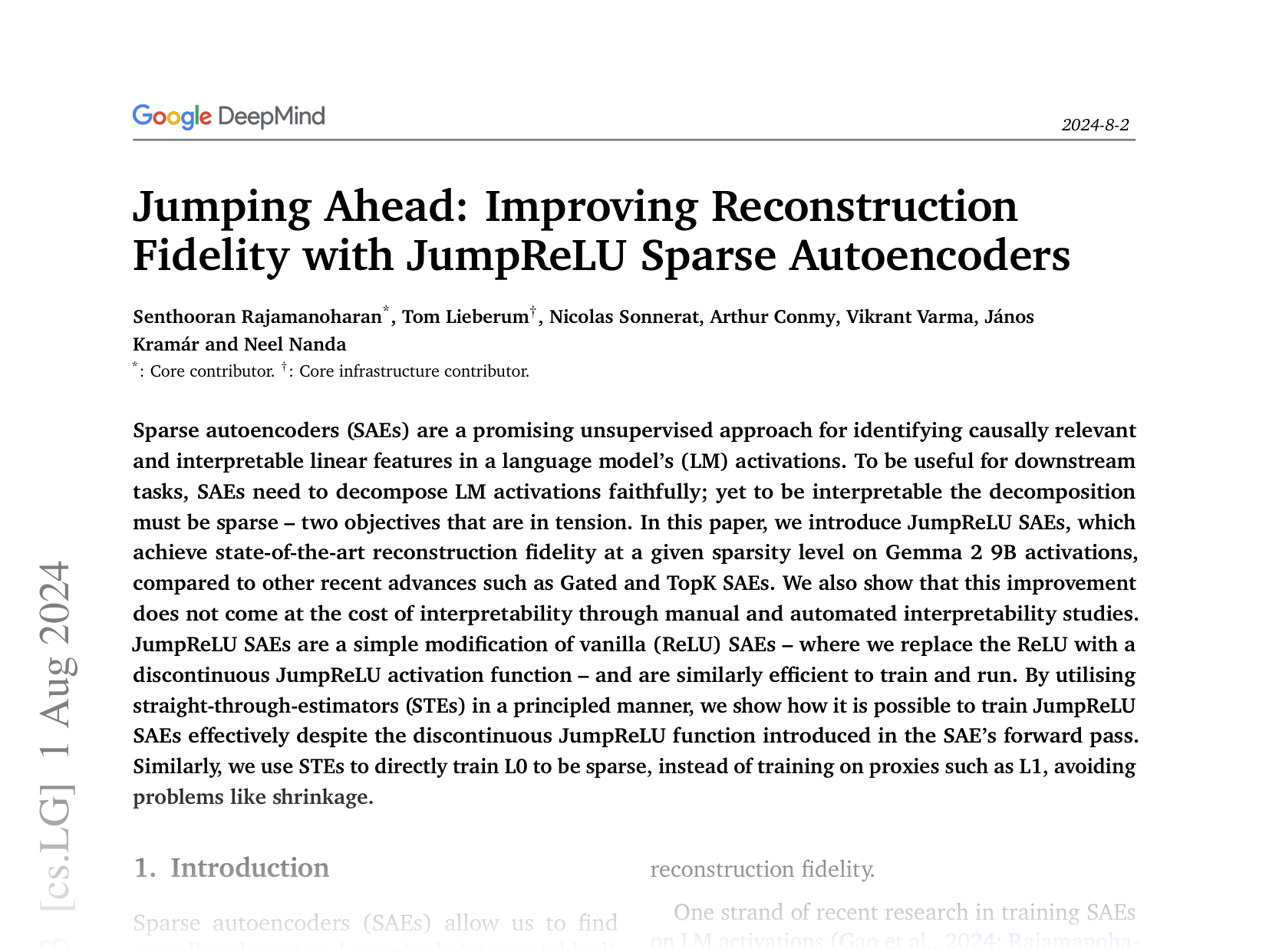 [Jumping Ahead: Improving Reconstruction Fidelity with JumpReLU Sparse Autoencoders 🔗](https://arxiv.org/abs/2407.14435)