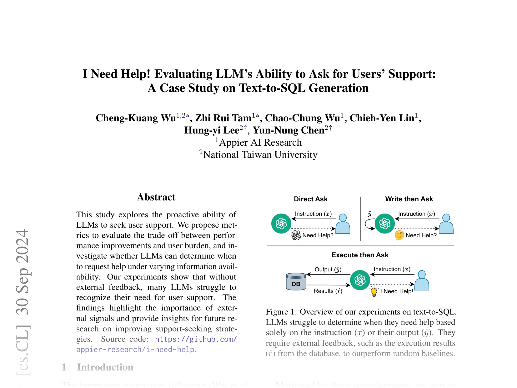 [I Need Help! Evaluating LLM’s Ability to Ask for Users’ Support: A Case Study on Text-to-SQL Generation 🔗](https://arxiv.org/abs/2407.14767)