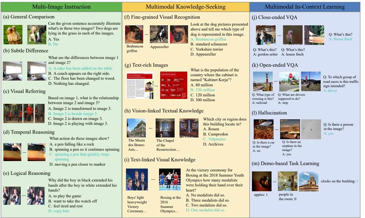 图 2: 涵盖总共 13 项任务的多图场景示例。正确答案标记为蓝色。