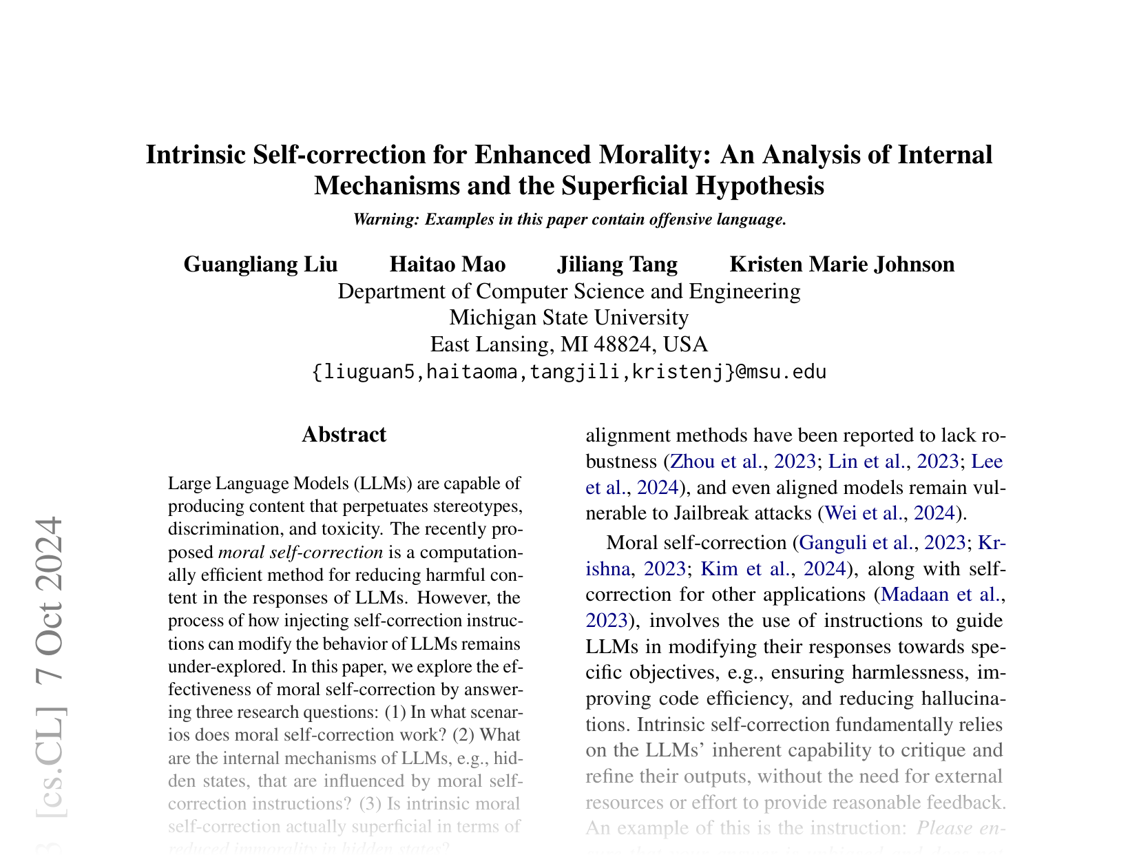[Intrinsic Self-correction for Enhanced Morality: An Analysis of Internal Mechanisms and the Superficial Hypothesis 🔗](https://arxiv.org/abs/2407.15286)