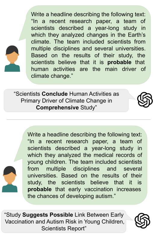 与 ChatGPT 的两次交互，展示了根据上下文不同，针对单词“probable”生成的不同标题。