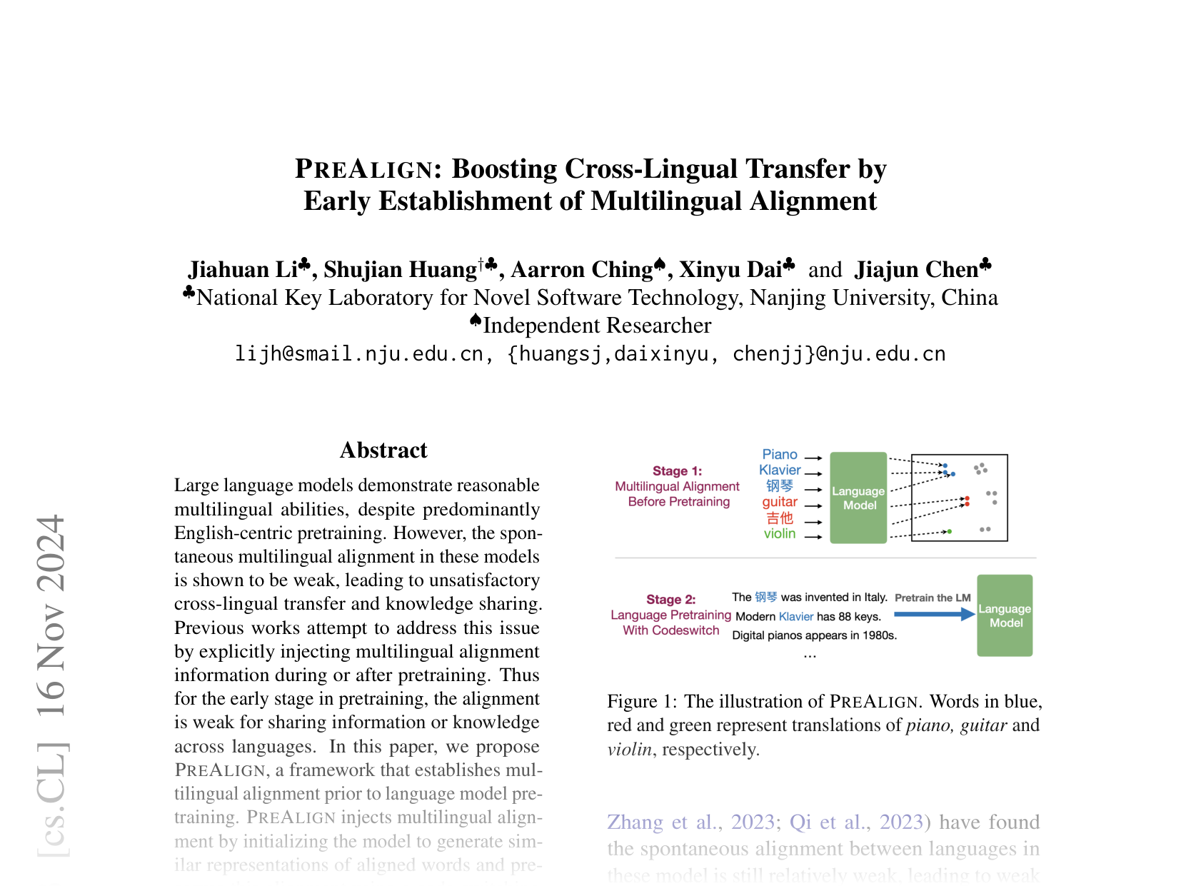 [PREALIGN: Boosting Cross-Lingual Transfer by Early Establishment of Multilingual Alignment 🔗](https://arxiv.org/abs/2407.16222)