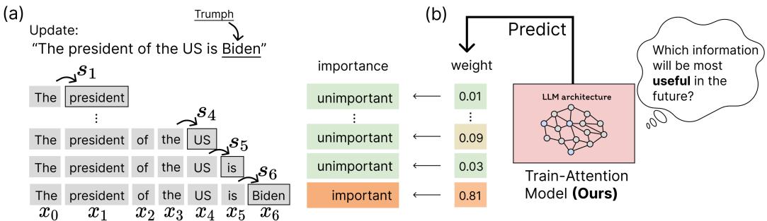Uniform vs selective token weighting. Panel (a) shows standard learning where all tokens contribute equally. Panel (b) shows Train-Attention predicting varying importance weights so the model focuses on useful information.