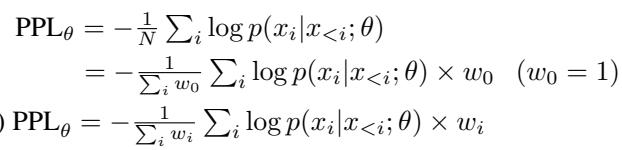 Visualization of standard vs token-weighted loss objectives. The third line introduces token-specific weights \\(w_i\\), allowing the model to prioritize critical tokens.