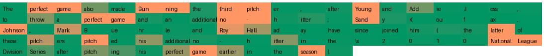 Train-Attention token-weight heatmap. Orange highlights correspond to informative entities.