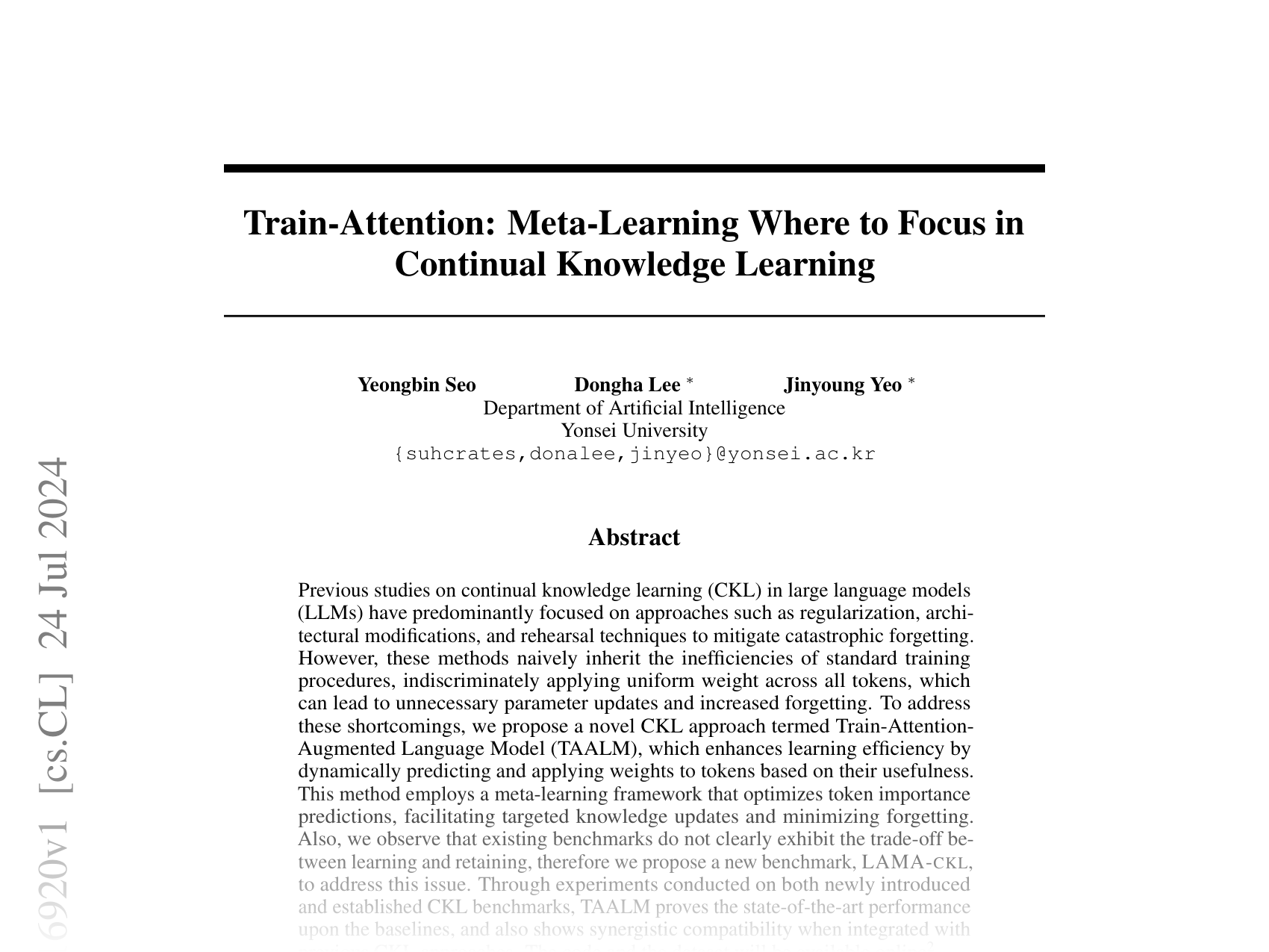 [Train-Attention: Meta-Learning Where to Focus in Continual Knowledge Learning 🔗](https://arxiv.org/abs/2407.16920)