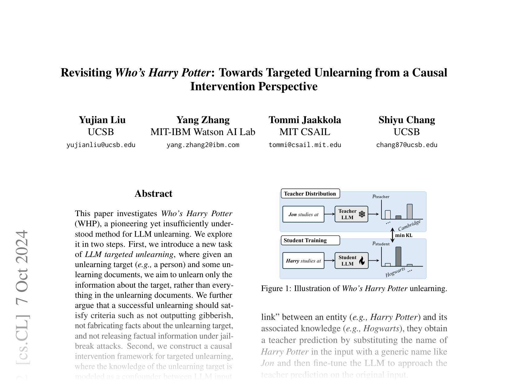 [Revisiting Who's Harry Potter: Towards Targeted Unlearning from a Causal Intervention Perspective 🔗](https://arxiv.org/abs/2407.16997)