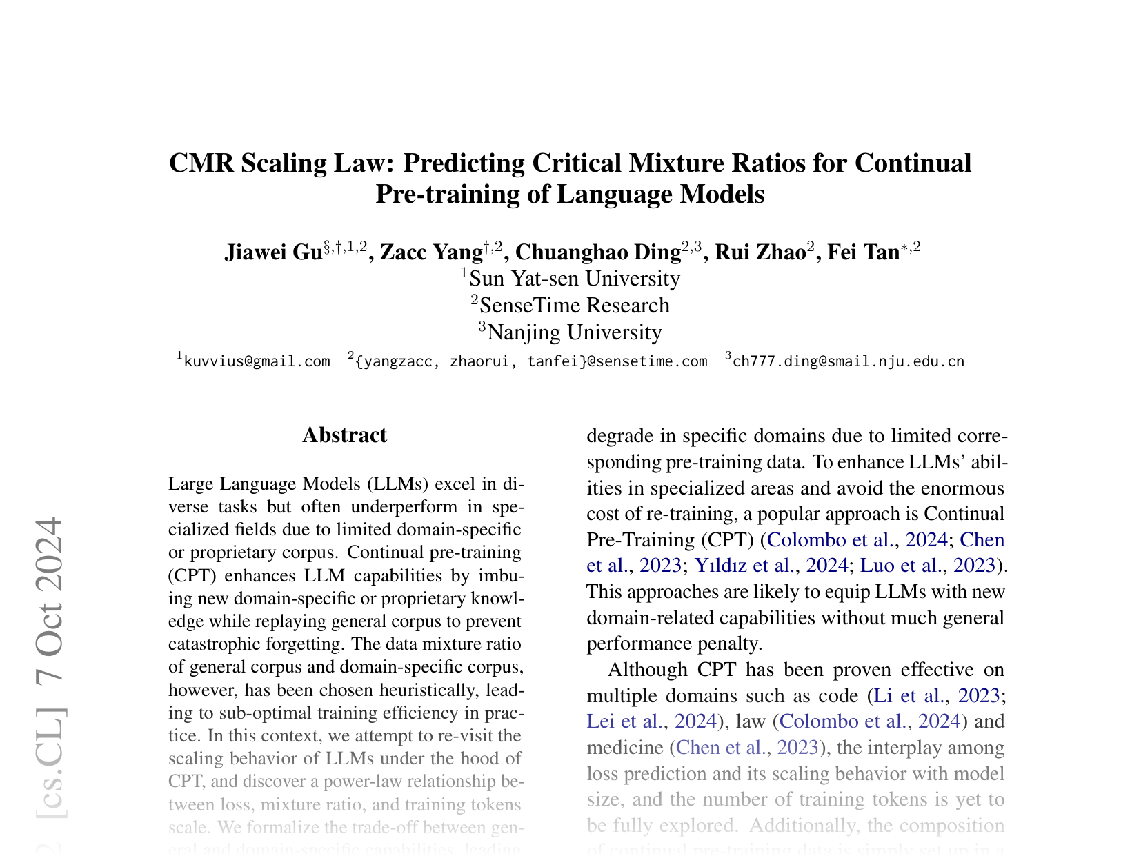 [CMR Scaling Law: Predicting Critical Mixture Ratios for Continual Pre-training of Language Models 🔗](https://arxiv.org/abs/2407.17467)