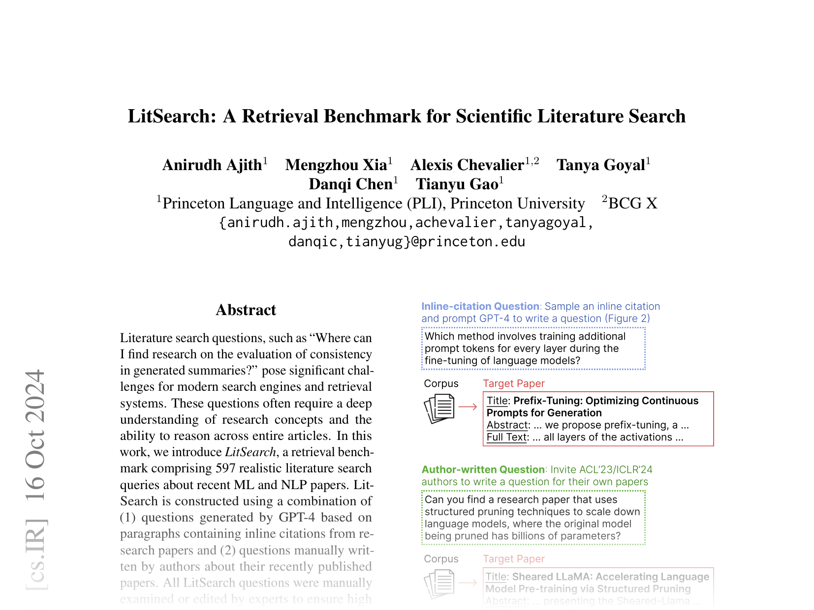 [LitSearch: A Retrieval Benchmark for Scientific Literature Search 🔗](https://arxiv.org/abs/2407.18940)