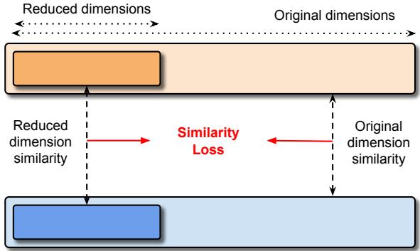 Figure 2: Similarity loss is a measure of the discrepancy between the similarity of two embeddings in their original dimensional space and their similarity in a reduced dimensional space.