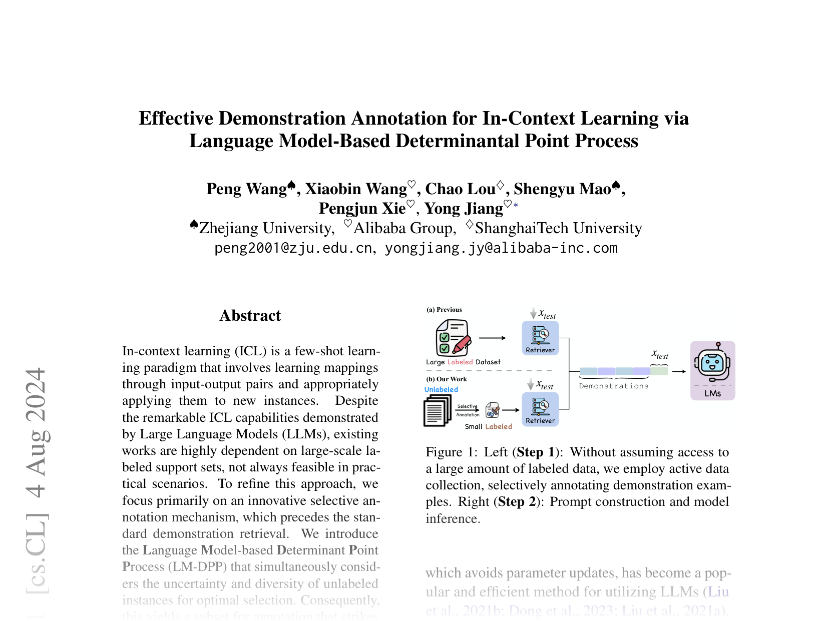[Effective Demonstration Annotation for In-Context Learning via Language Model-Based Determinantal Point Process 🔗](https://arxiv.org/abs/2408.02103)