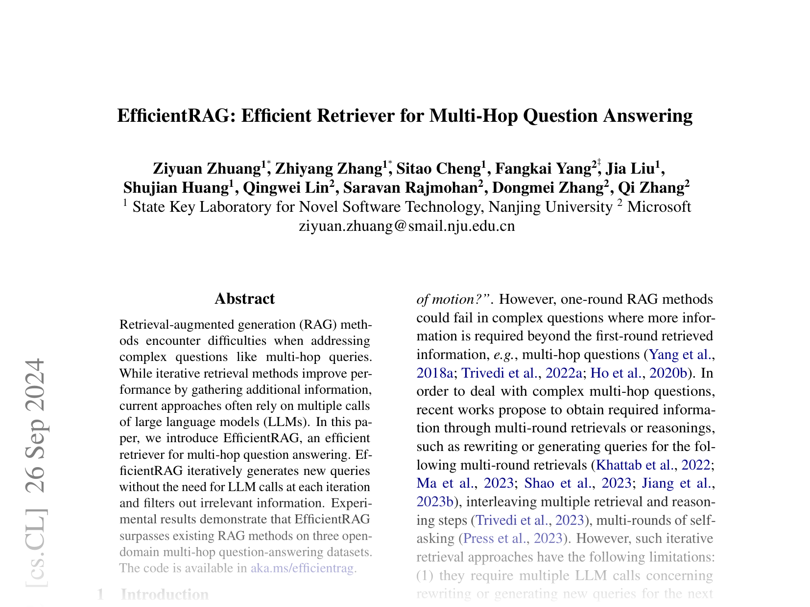 [EfficientRAG: Efficient Retriever for Multi-Hop Question Answering 🔗](https://arxiv.org/abs/2408.04259)