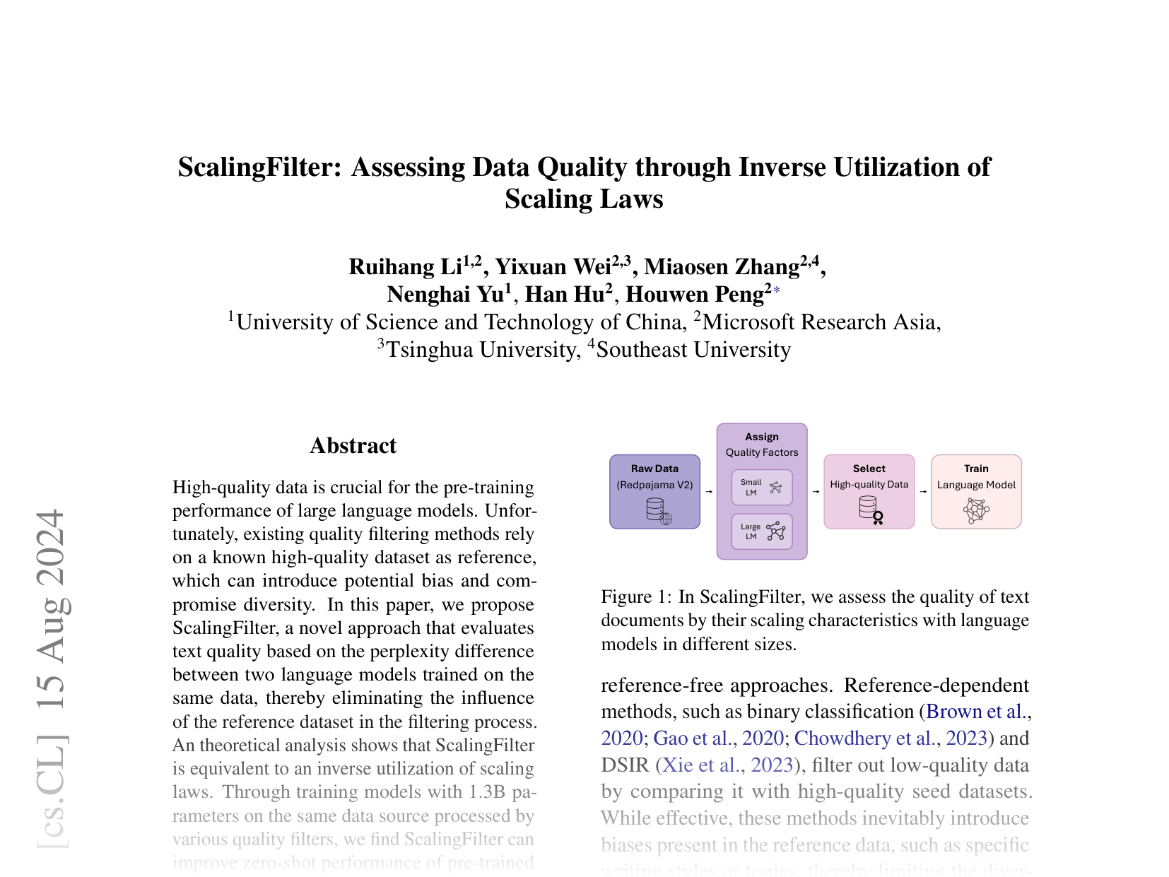 [ScalingFilter: Assessing Data Quality through Inverse Utilization of Scaling Laws 🔗](https://arxiv.org/abs/2408.08310)