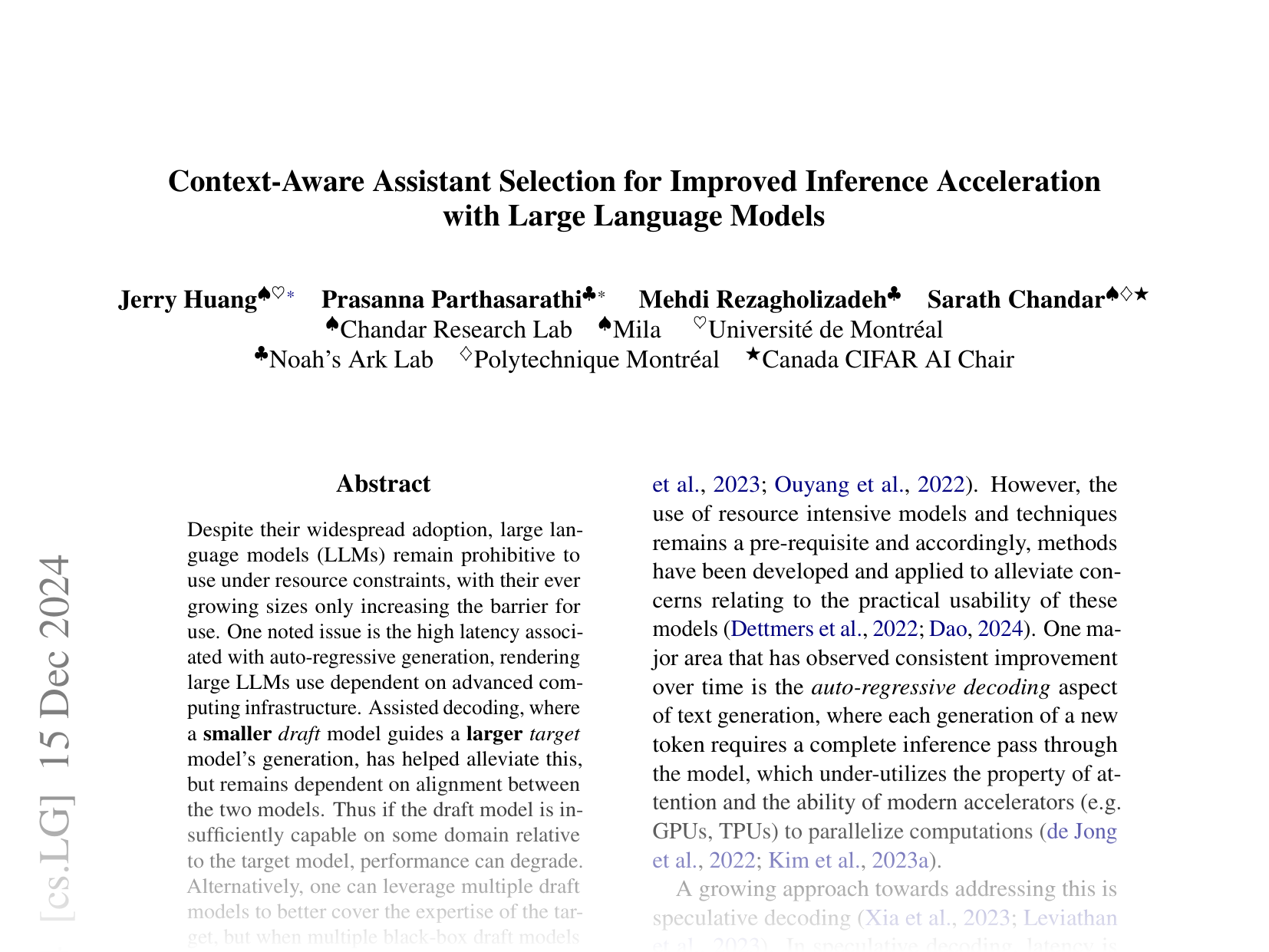 [Context-Aware Assistant Selection for Improved Inference Acceleration with Large Language Models 🔗](https://arxiv.org/abs/2408.08470)