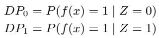 Equations for Demographic Parity (DP) for group 0 and group 1.