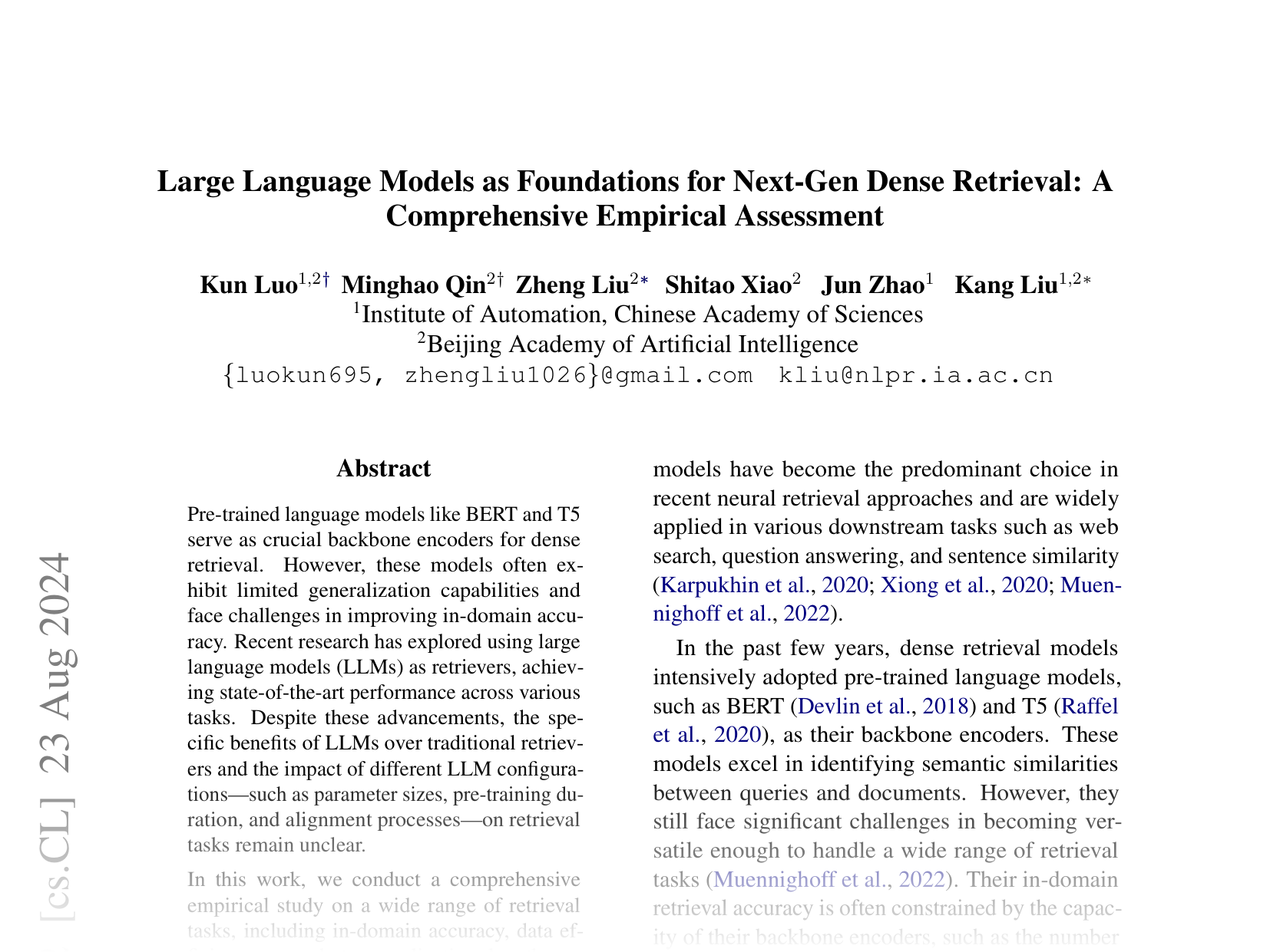 [Large Language Models as Foundations for Next-Gen Dense Retrieval: A Comprehensive Empirical Assessment 🔗](https://arxiv.org/abs/2408.12194)