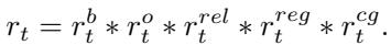 The unified reward equation multiplying body, object, relative motion, regularization, and contact graph rewards.