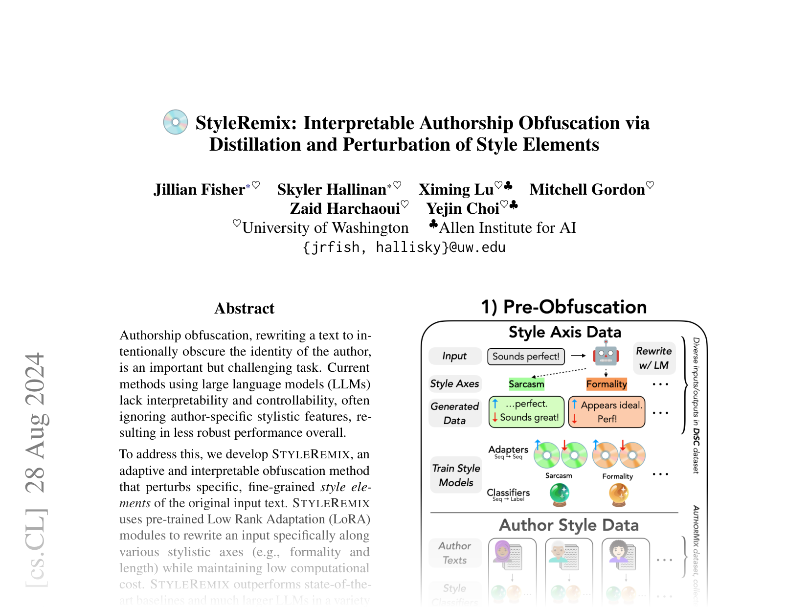 [StyleRemix: Interpretable Authorship Obfuscation via Distillation and Perturbation of Style Elements 🔗](https://arxiv.org/abs/2408.15666)