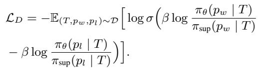 损失函数的 DPO 部分，衡量选中响应和被拒绝响应之间的对数比率。