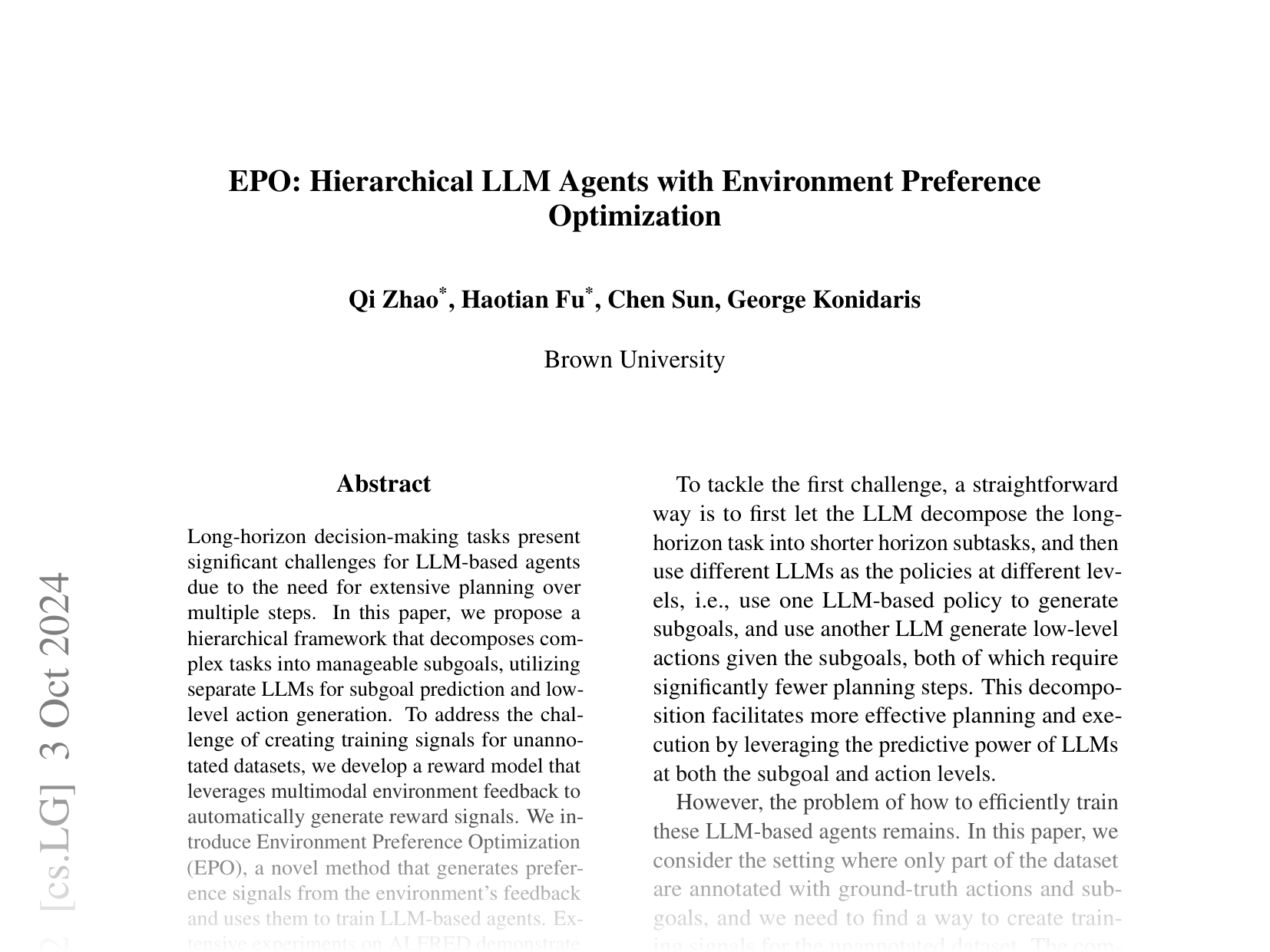 [EPO: Hierarchical LLM Agents with Environment Preference Optimization 🔗](https://arxiv.org/abs/2408.16090)