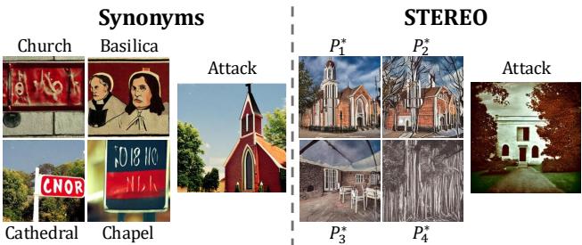 Figure 3. Comparison of erasing synonyms vs. STEREO&rsquo;s adversarial approach.