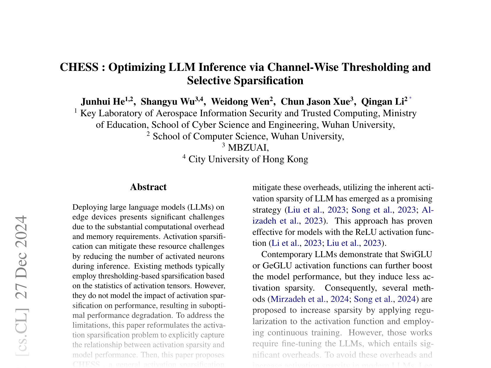 [CHESS : Optimizing LLM Inference via Channel-Wise Thresholding and Selective Sparsification 🔗](https://arxiv.org/abs/2409.01366)