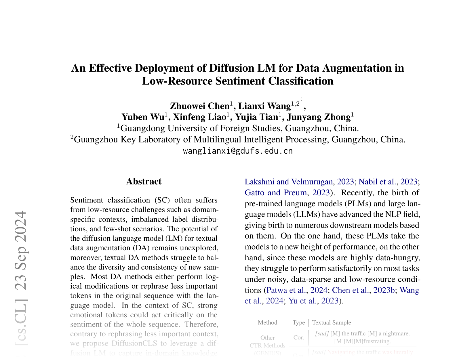 [An Effective Deployment of Diffusion LM for Data Augmentation in Low-Resource Sentiment Classification 🔗](https://arxiv.org/abs/2409.03203)