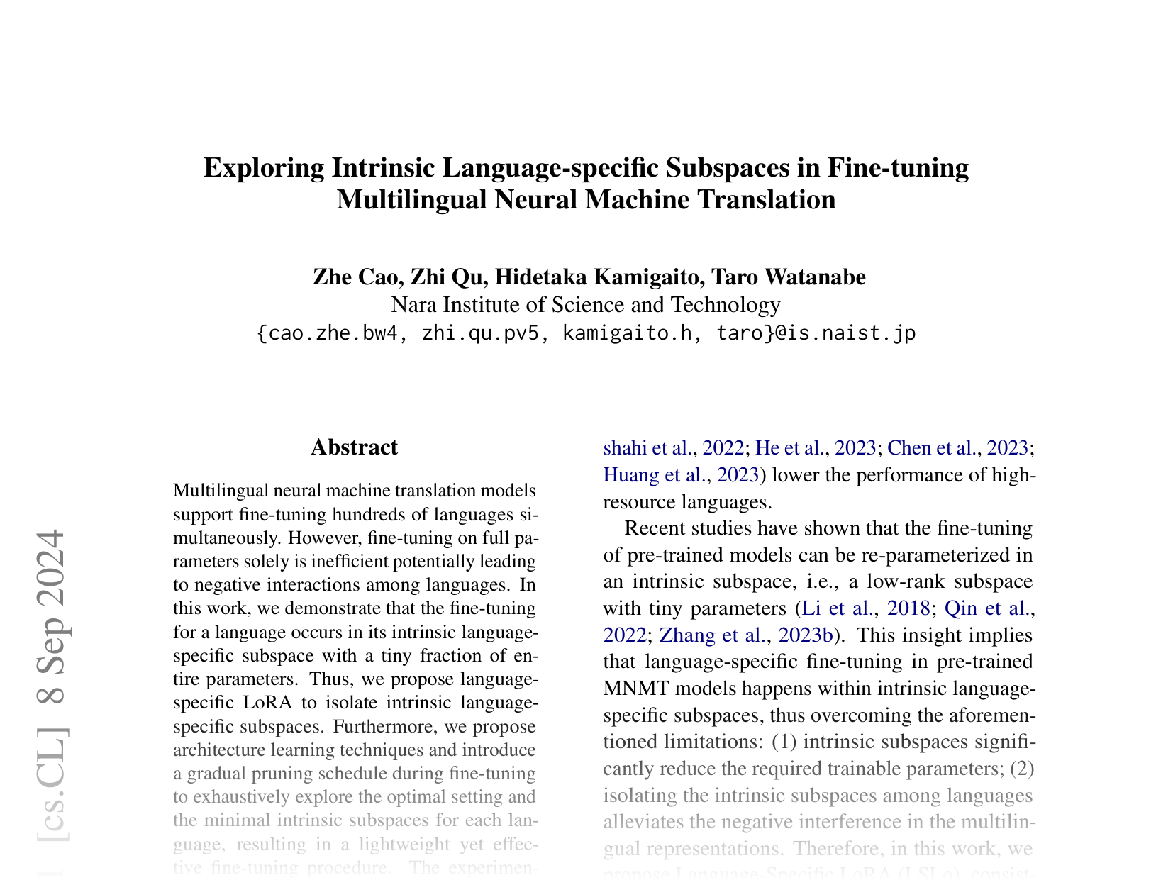 [Exploring Intrinsic Language-specific Subspaces in Fine-tuning Multilingual Neural Machine Translation 🔗](https://arxiv.org/abs/2409.05224)