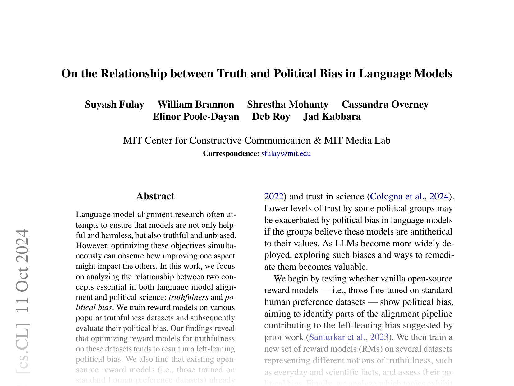[On the Relationship between Truth and Political Bias in Language Models 🔗](https://arxiv.org/abs/2409.05283)