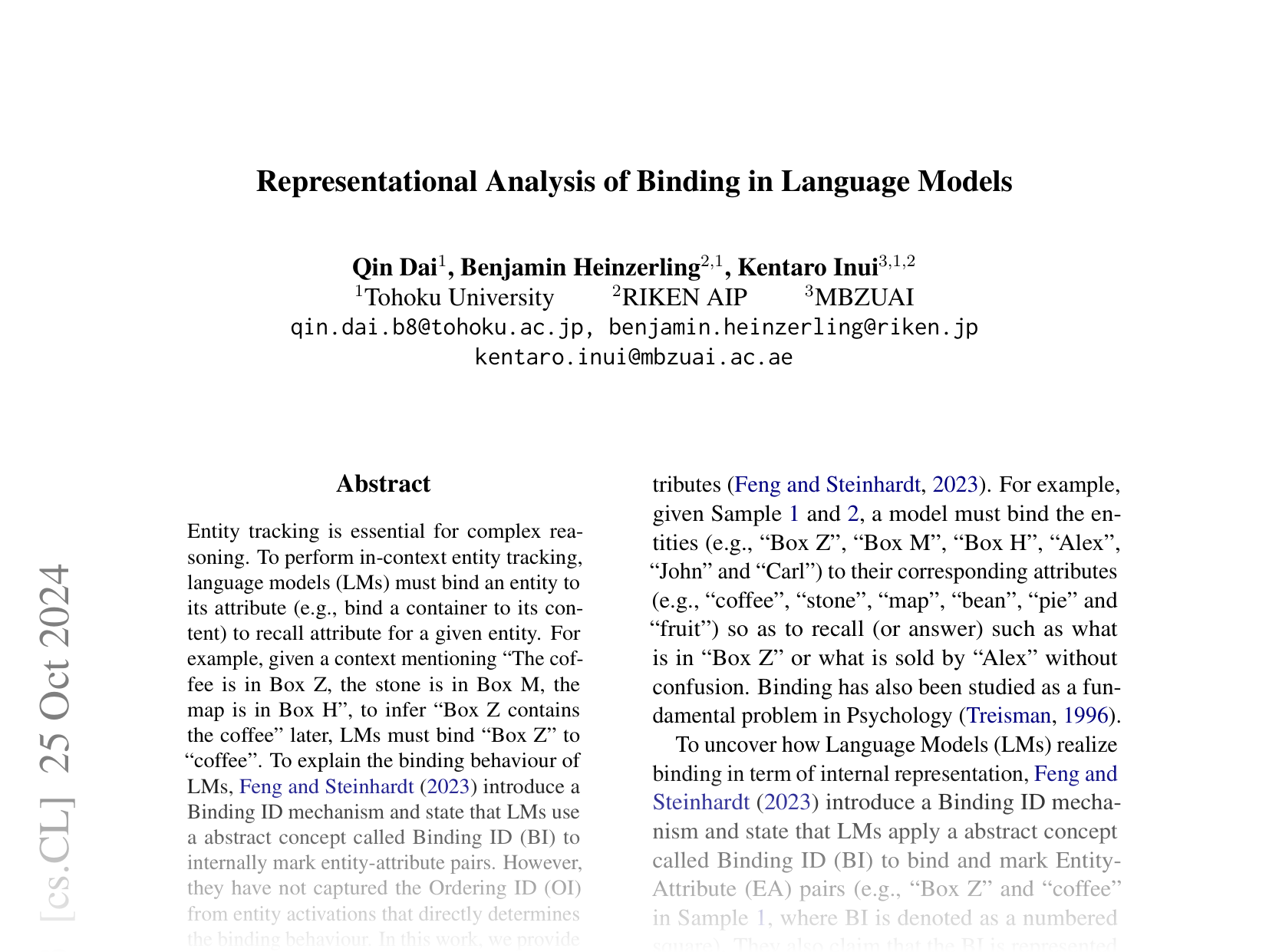 [Representational Analysis of Binding in Language Models 🔗](https://arxiv.org/abs/2409.05448)