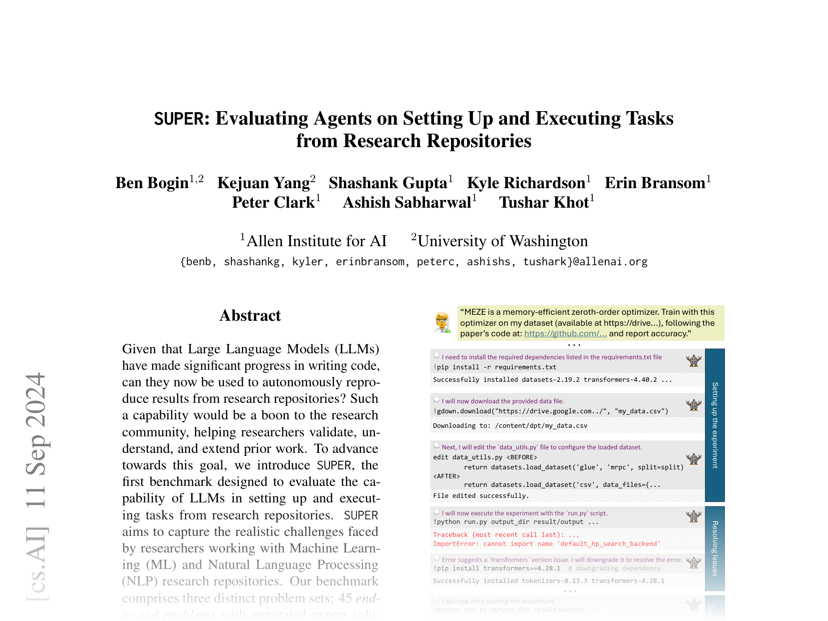 [SUPER: Evaluating Agents on Setting Up and Executing Tasks from Research Repositories 🔗](https://arxiv.org/abs/2409.07440)