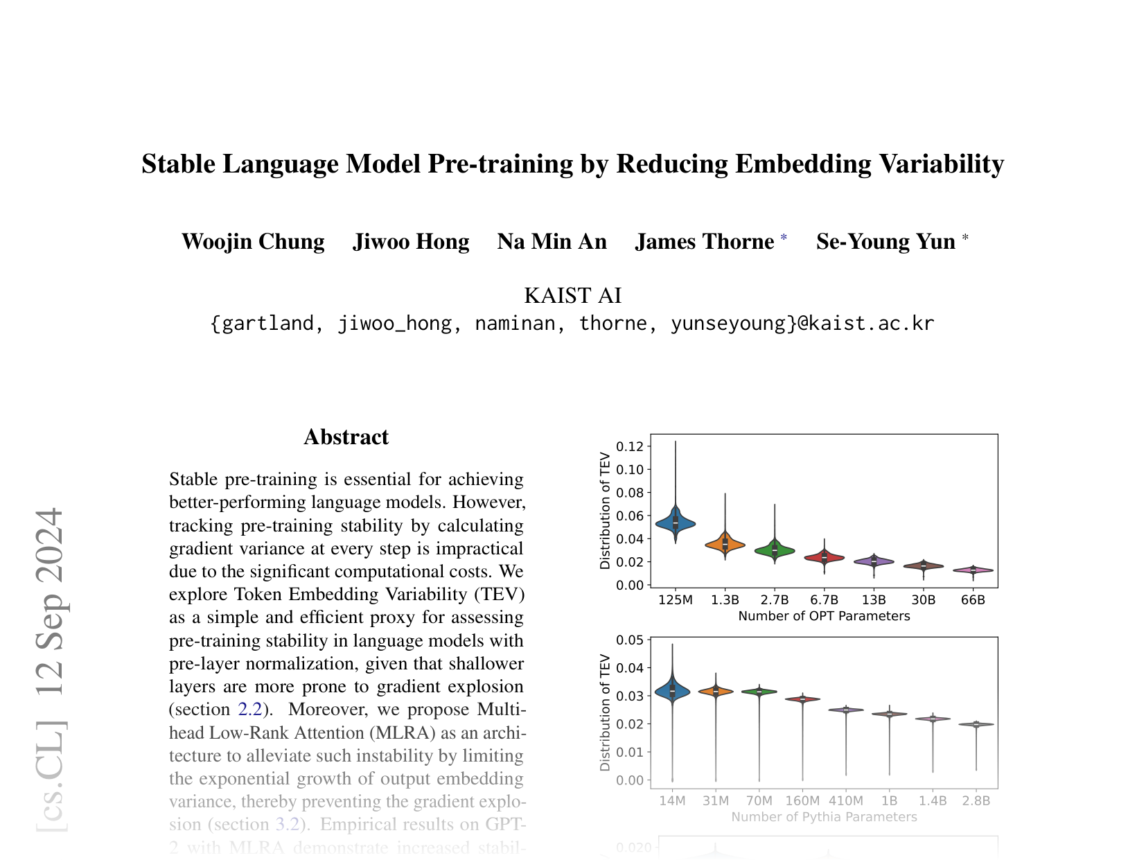 [Stable Language Model Pre-training by Reducing Embedding Variability 🔗](https://arxiv.org/abs/2409.07787)