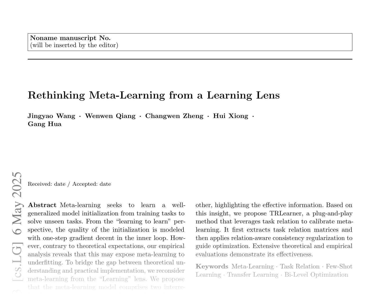 [Rethinking Meta-Learning from a Learning Lens 🔗](https://arxiv.org/abs/2409.08474)