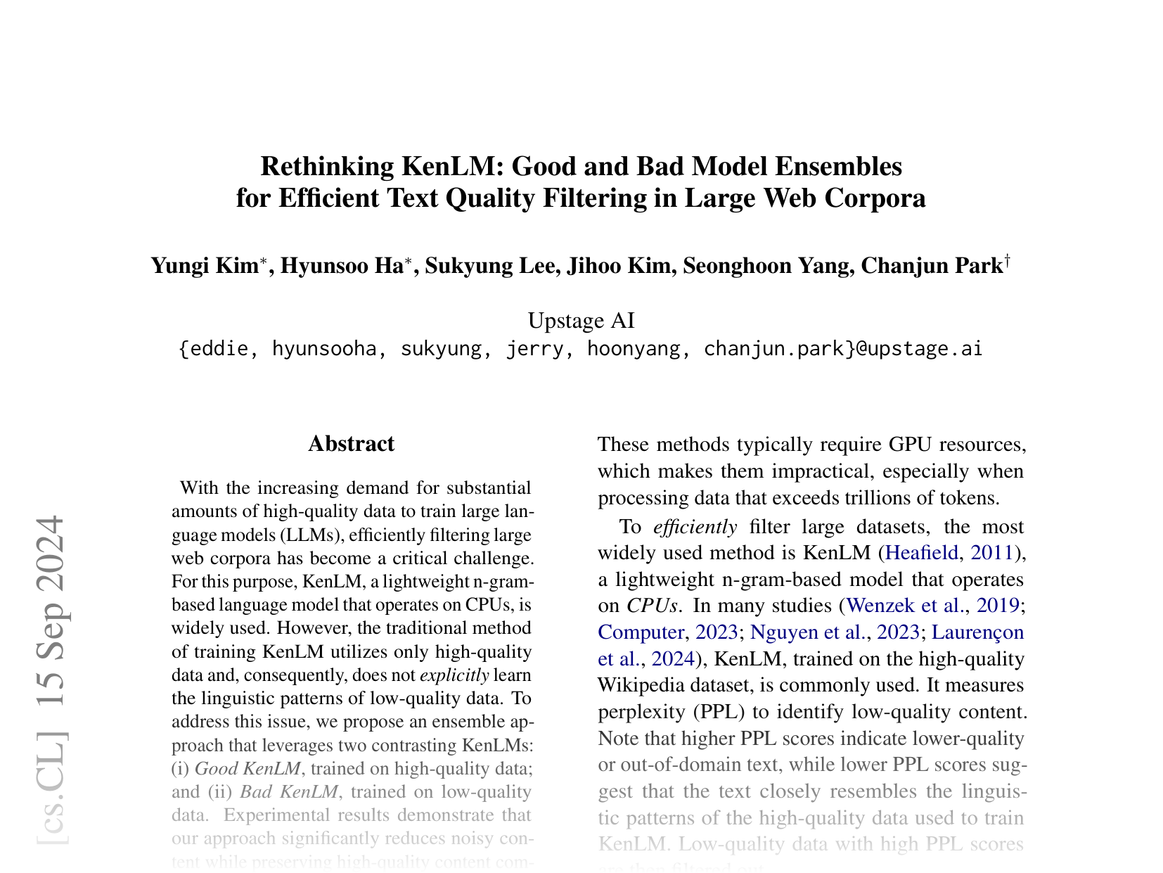 [Rethinking KenLM: Good and Bad Model Ensembles for Efficient Text Quality Filtering in Large Web Corpora 🔗](https://arxiv.org/abs/2409.09613)