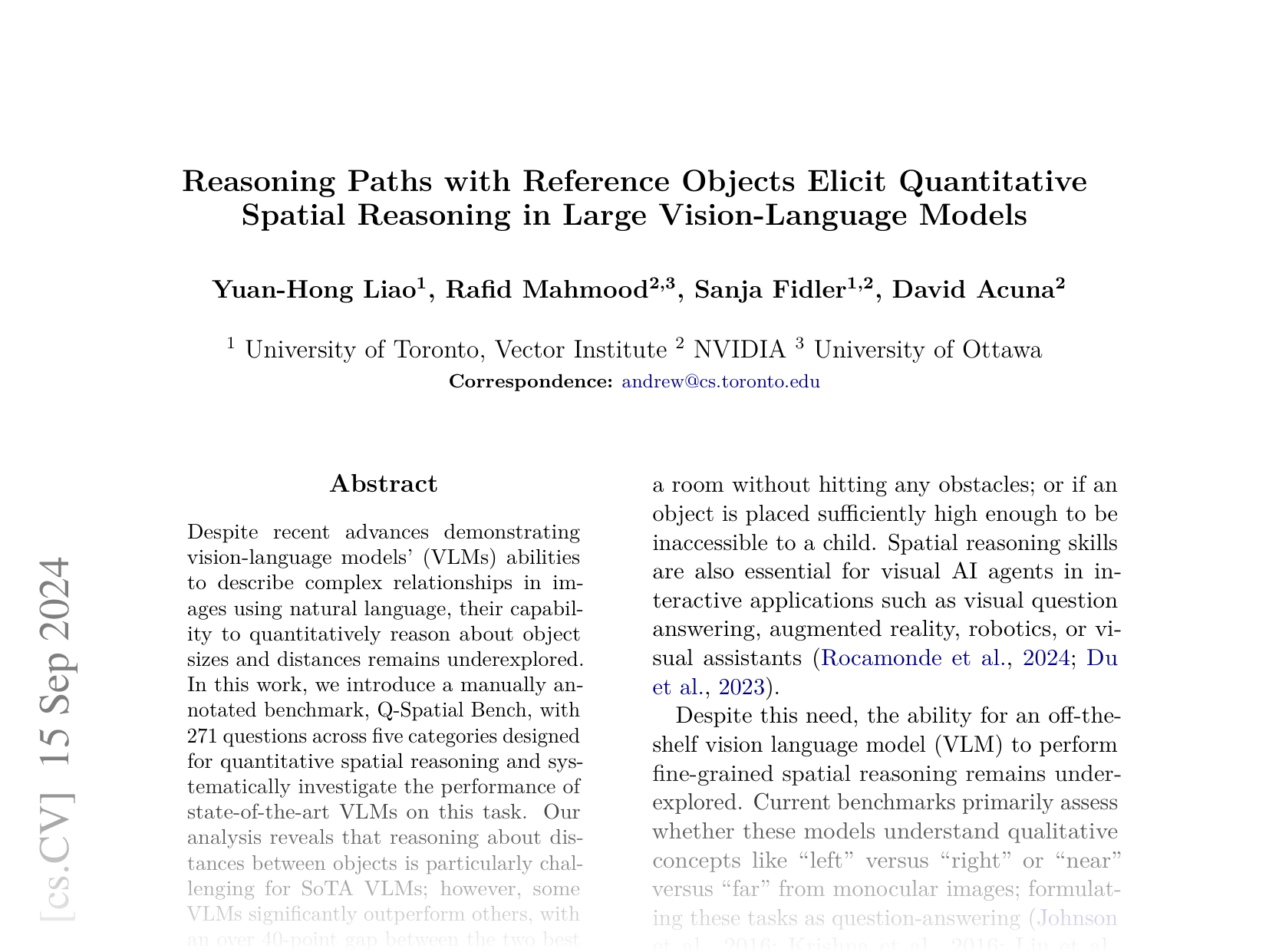 [Reasoning Paths with Reference Objects Elicit Quantitative Spatial Reasoning in Large Vision-Language Models 🔗](https://arxiv.org/abs/2409.09788)