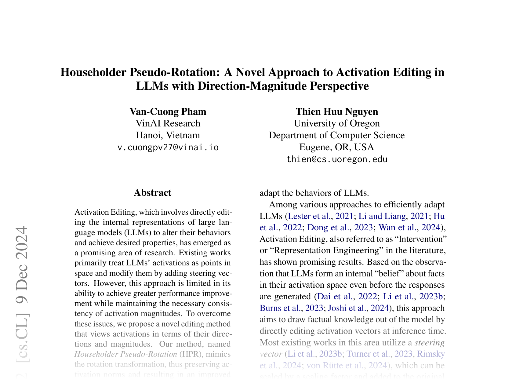 [Householder Pseudo-Rotation: A Novel Approach to Activation Editing in LLMs with Direction-Magnitude Perspective 🔗](https://arxiv.org/abs/2409.10053)