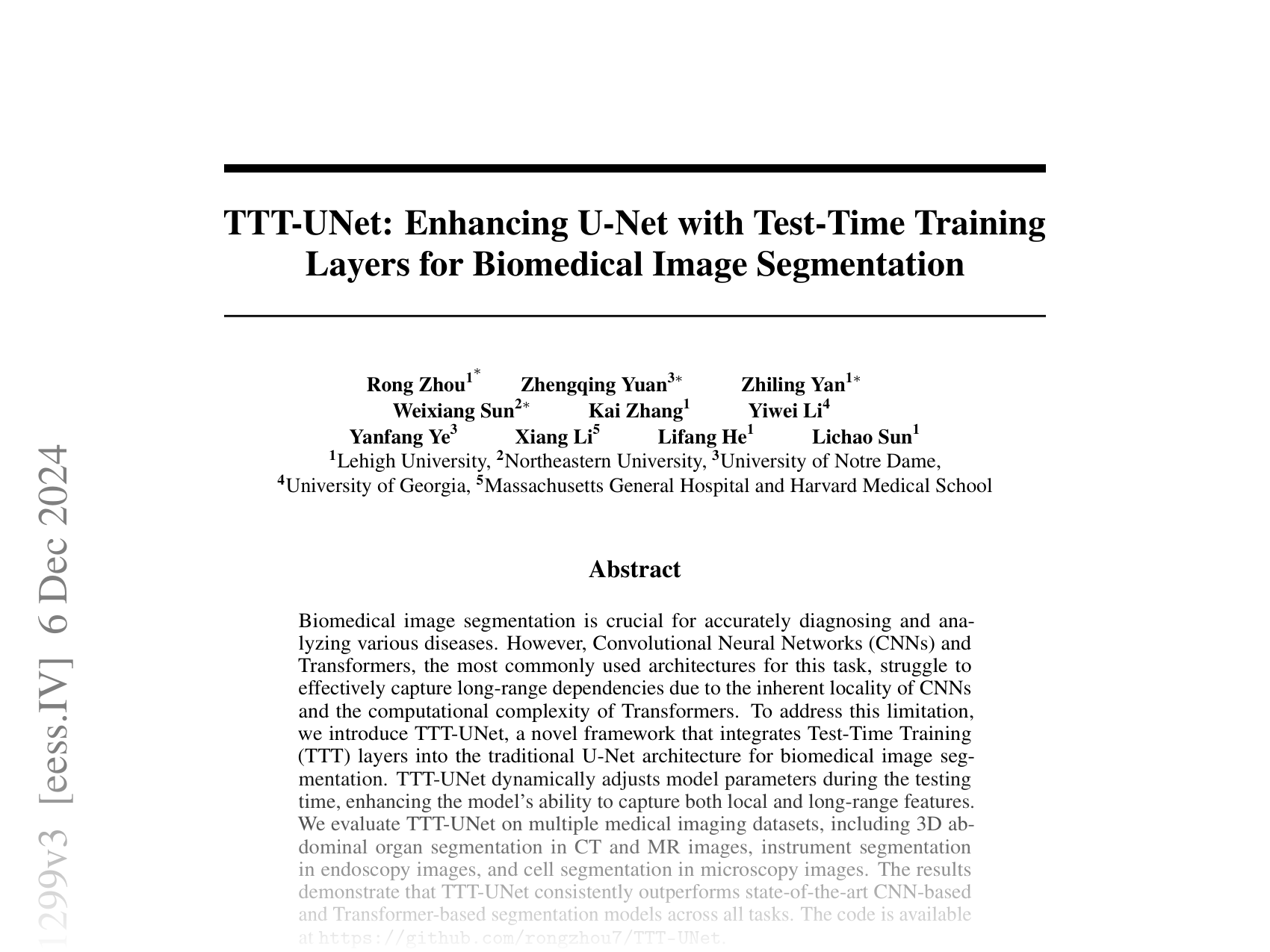 [TTT-UNet: Enhancing U-Net with Test-Time Training Layers for Biomedical Image Segmentation 🔗](https://arxiv.org/abs/2409.11299)