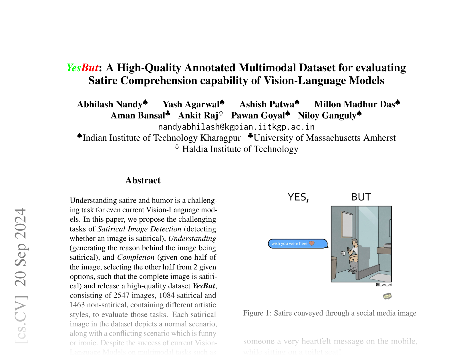 [YesBut: A High-Quality Annotated Multimodal Dataset for evaluating Satire Comprehension capability of Vision-Language Models 🔗](https://arxiv.org/abs/2409.13592)
