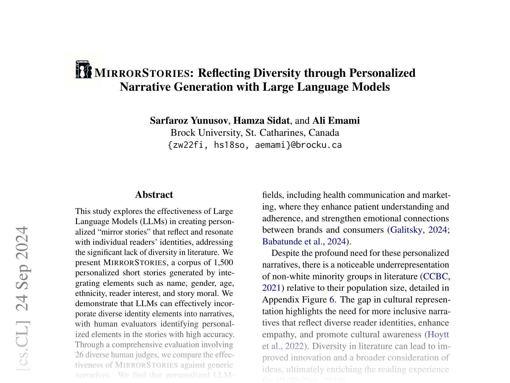 [MIRRORSTORIES: Reflecting Diversity through Personalized Narrative Generation with Large Language Models 🔗](https://arxiv.org/abs/2409.13935)