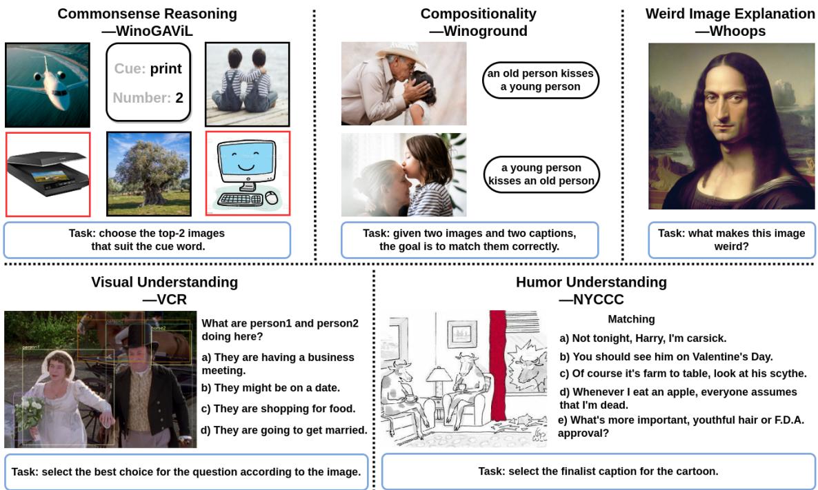 来自复杂视觉推理领域不同数据集的五个独特示例。