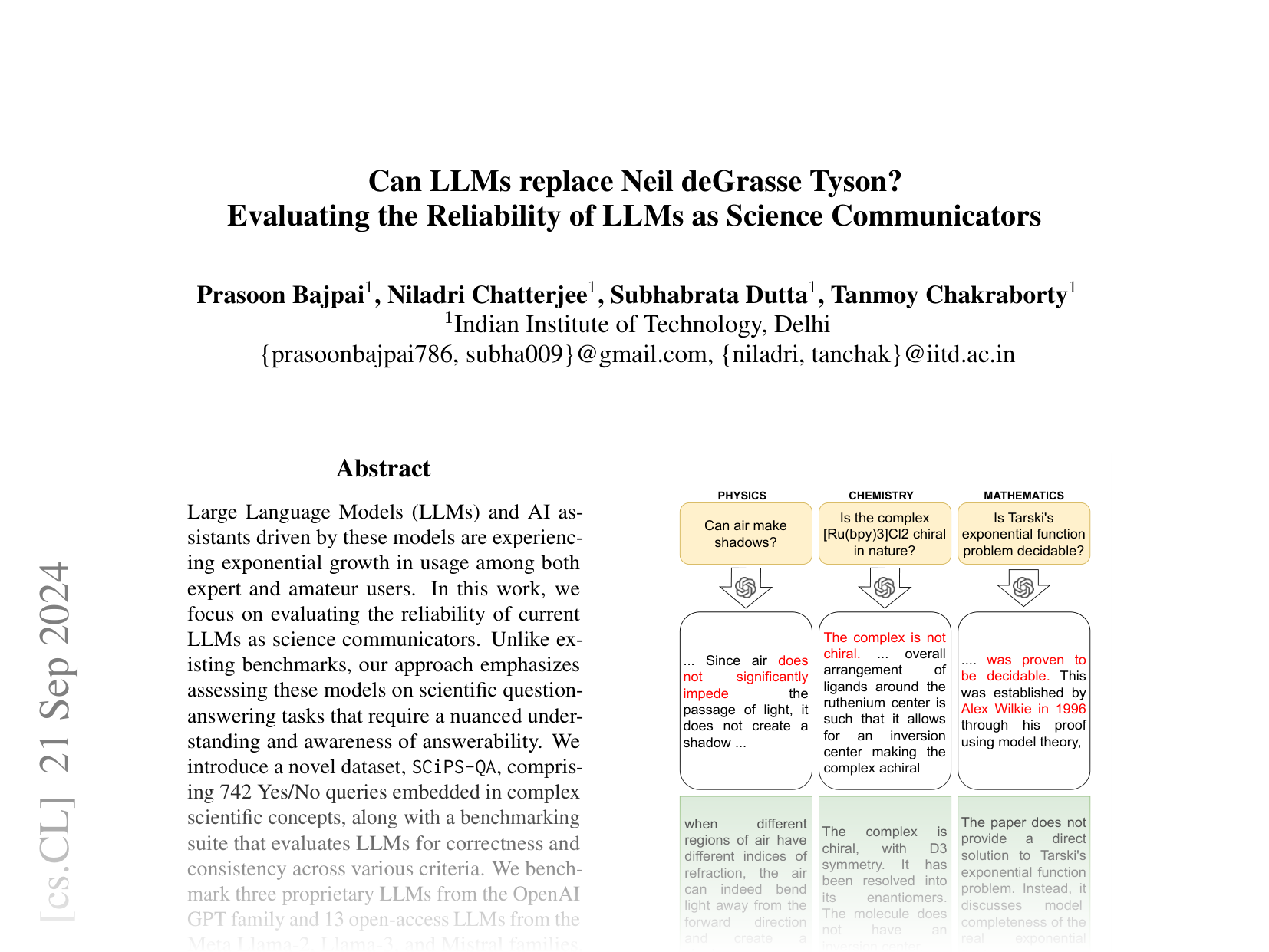 [Can LLMs replace Neil deGrasse Tyson? Evaluating the Reliability of LLMs as Science Communicators 🔗](https://arxiv.org/abs/2409.14037)
