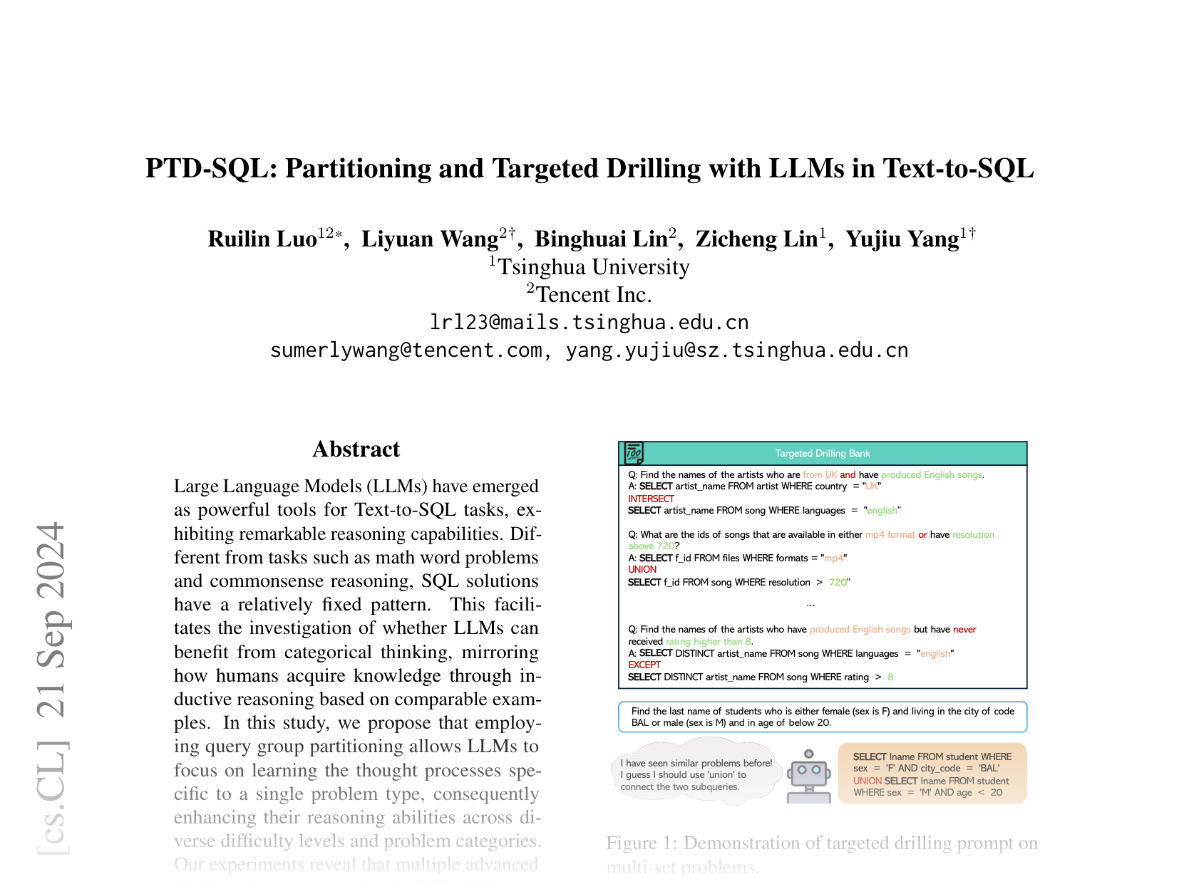 [PTD-SQL: Partitioning and Targeted Drilling with LLMs in Text-to-SQL 🔗](https://arxiv.org/abs/2409.14082)