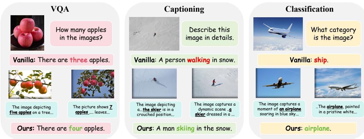 The illustration of Multimodal RAG for VQA, Captioning and Classification Tasks.